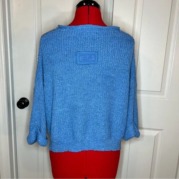 Illa Illa Cuffed Short Sleeve Oversized Cropped V Neck Knit Sweater Blue Women M - Picture 2 of 4
